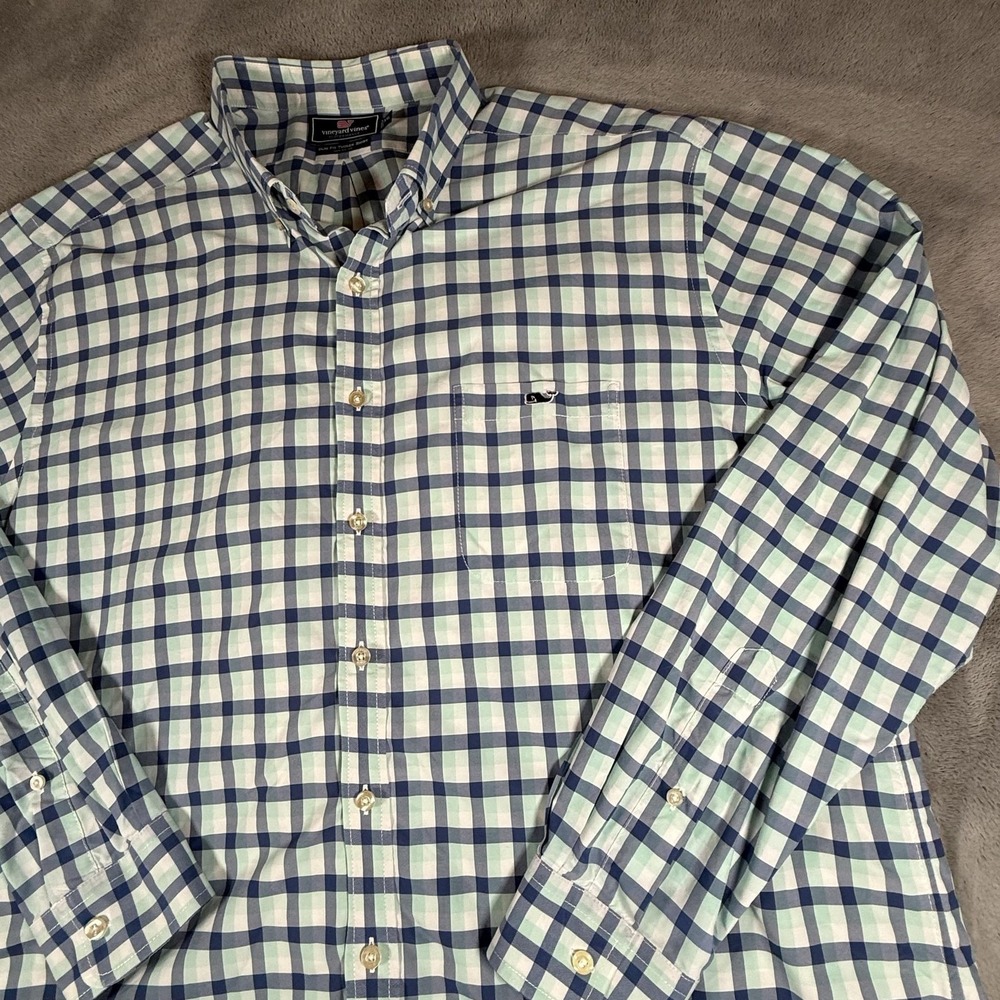 Vineyard Vines Slim Fit Tucker Shirt Mens Size 2XL Blue Check Nylon Long Sleeve - Picture 4 of 16